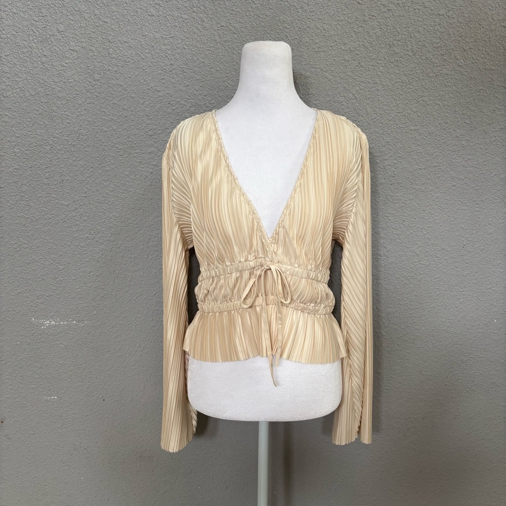 Lulu's Cream Pleated V-Neck Drawstring Blouse
